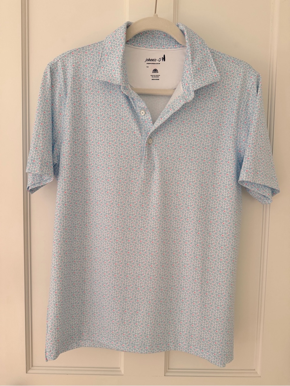 johnnie-O Light Blue Polo with Pink Micro Floral Print